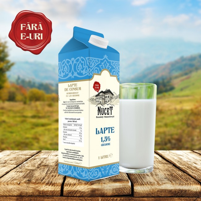 Lapte de vaca 1,5% grasime 1L, Nucet Bunatati Manastiresti