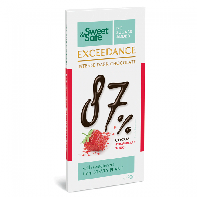 Ciocolata neagra 87% cu capsuni cu indulcitor natural din stevia,  Sweet & Safe