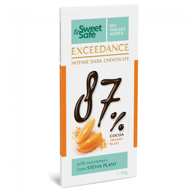 Ciocolata neagra 87% cu portocala cu indulcitor natural din stevia,  Sweet & Safe